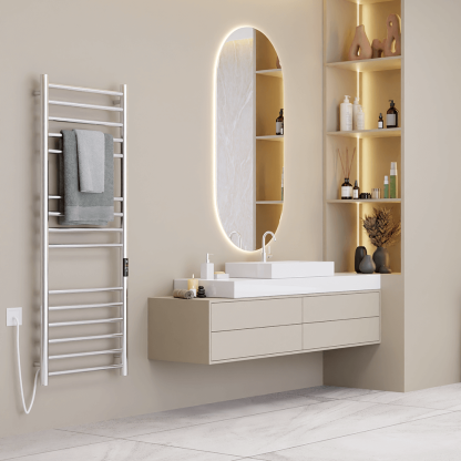 SS Round Heated Towel Rail - 1200mm x 425mm with Temperature & Timer Control in Chrome - Image 3